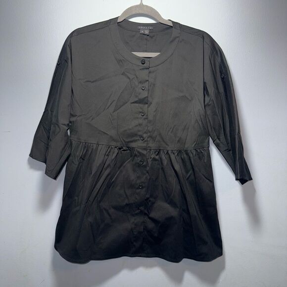 Theory Black Peplum Style 3/4 Sleeve Button Down peasant Top Size Medium EUC - Picture 1 of 8